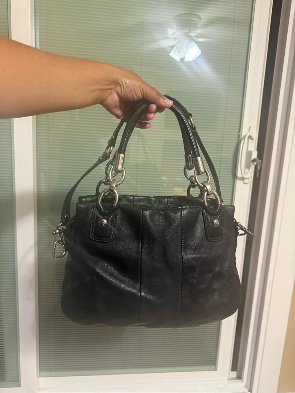 Coach Black Leather Satchel Handbag with Silver Hardware